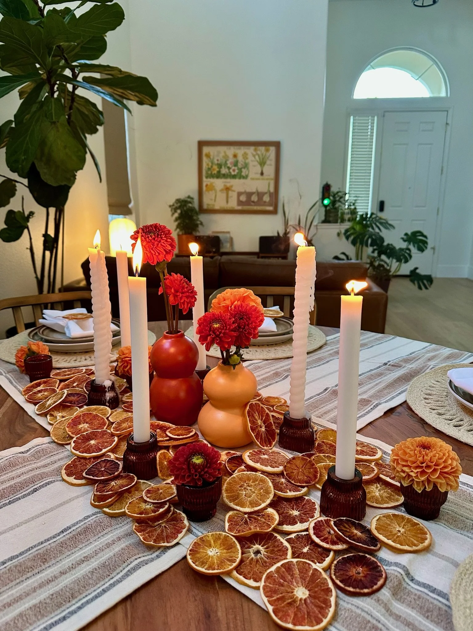 A dining table decorated with dried orange slices, red and orange flowers in vases, and tall white candles, with a background of living room plants and art.