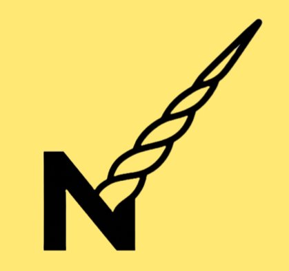 Narvalo narwhal horn 'N' letter illustration with yellow background as a logo on a tote bag or pouch or fanny pack