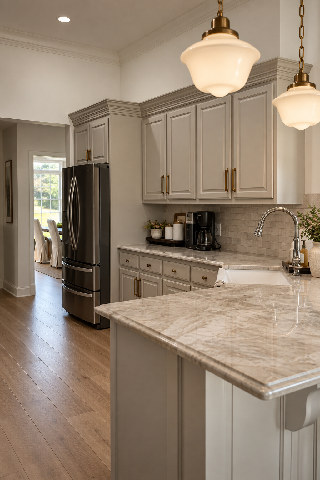 Neutral kitchen with warm beige cabinetry, brass hardware and natural stone countertops designed by Vanessa Amanda Interiors in Charlotte, NC.