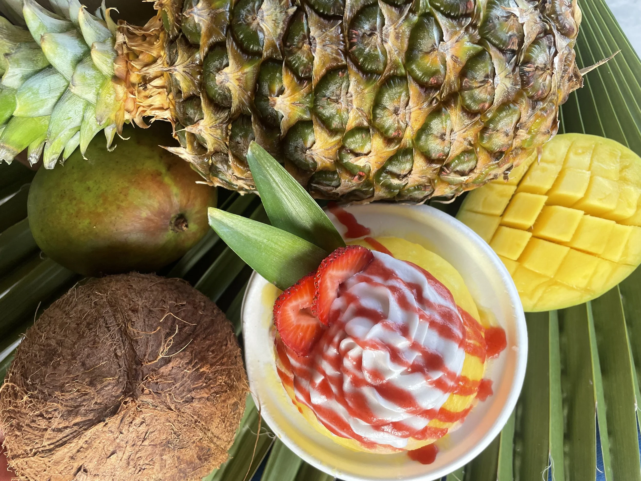Signature "Lava Flow" Shave Ice, Our Premium combinations are made with Real fruit purees, 100% Pure hawaiian Cane Sugar, Homeade Fresh Toppings and a Gourmet Touch of Aloha. 
ZERO artificial flavors or ingredients.