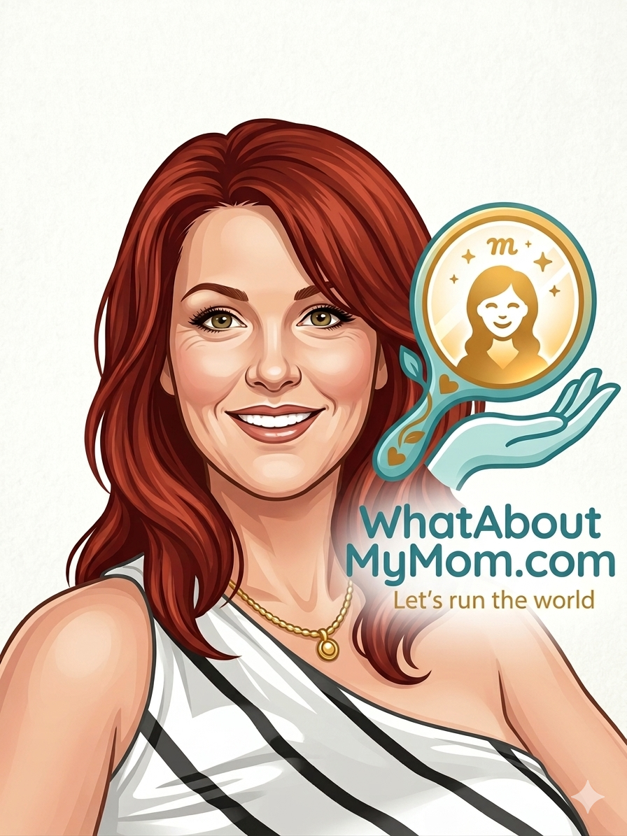 Illustration of a woman with red hair, smiling, wearing a white and black striped top and a gold necklace. Next to her is a logo for WhatAboutMyMom.com, featuring a stylized mirror with a smiling woman inside, surrounded by stars and hearts, with the text "Let's run the world."