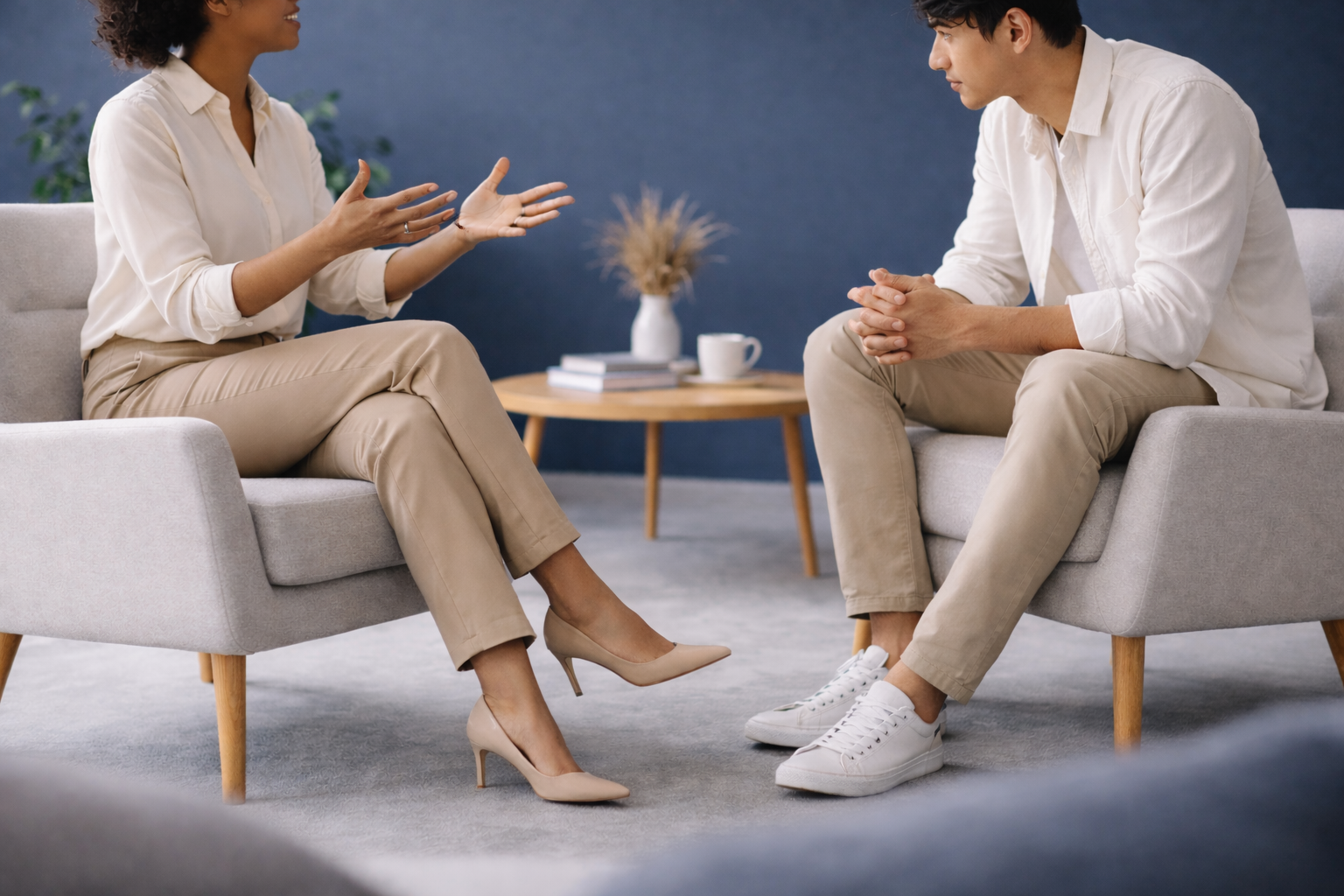 Two consultants sitting facing each other discussing technology, on modern comfortable chairs. One consultant has their arms and hands up gesturing.