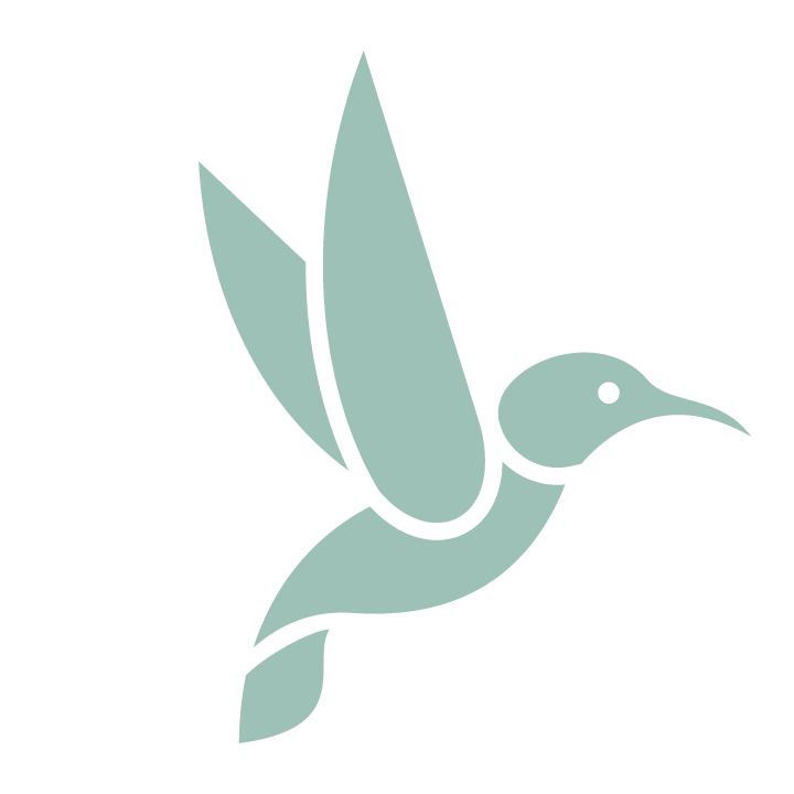 Simplified illustration of a hummingbird in blue with wings outstretched.