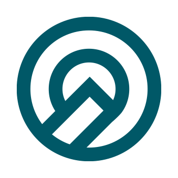 Black logo with circular and arrow design inside a ring.