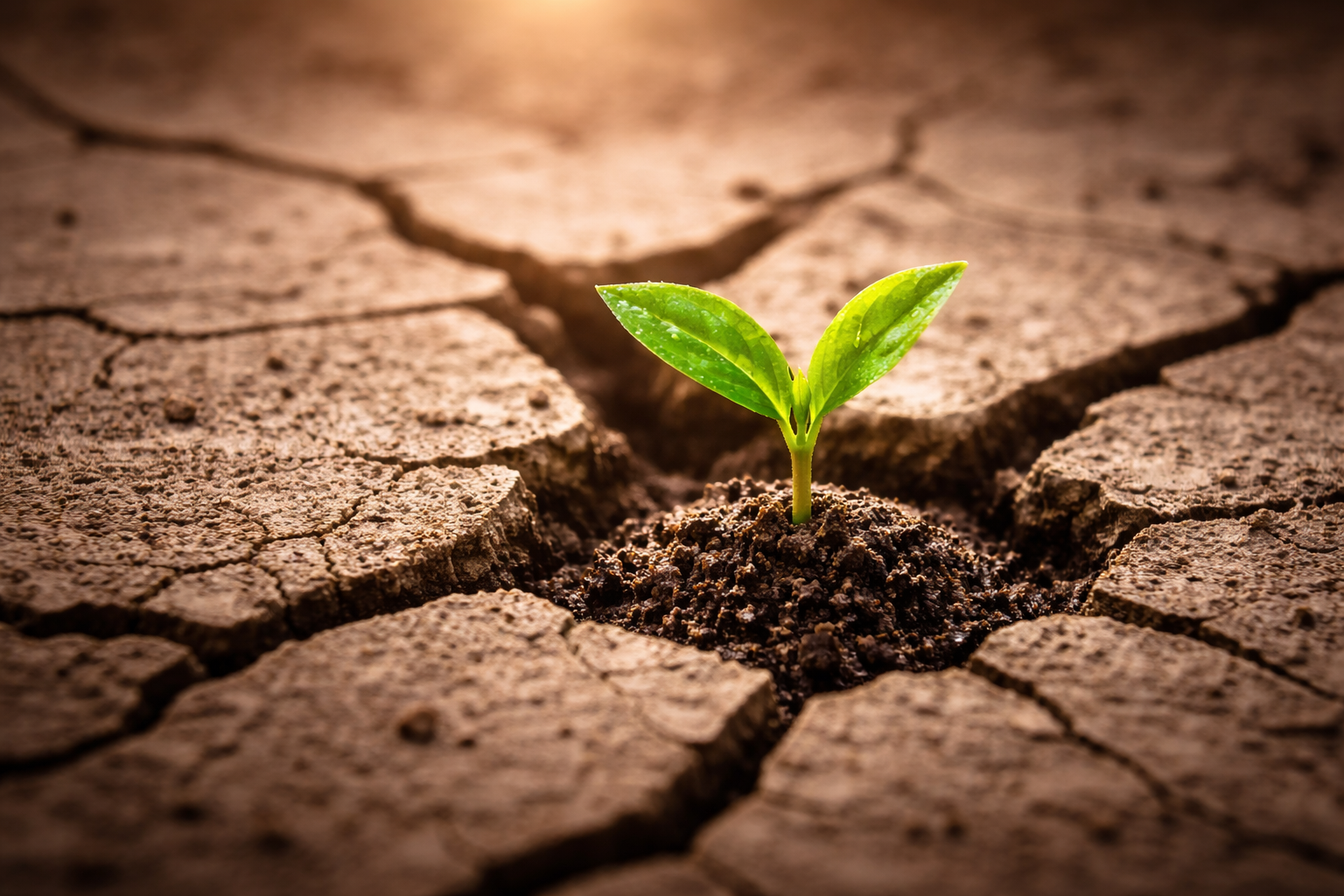 A young green plant sprouting from dry, cracked earth.
