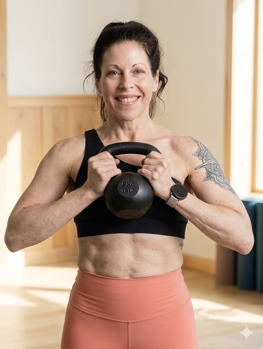 Smiling woman with dark hair in workout clothes holding kettlebell inside gym with wooden walls and windows