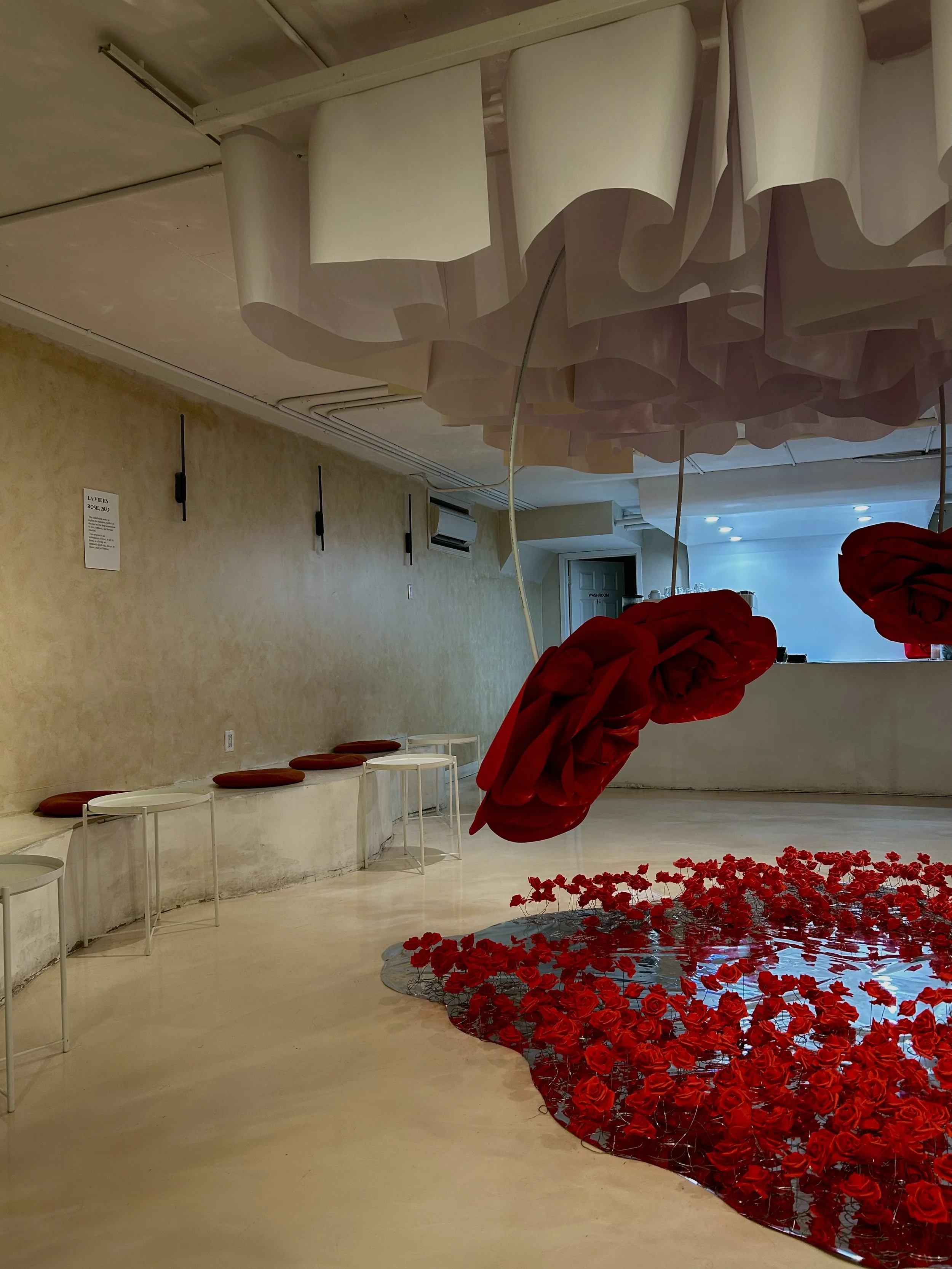Art installation with hanging red fabric flowers over a reflective surface covered in red roses, with white cloud-like shapes hanging from the ceiling, in an indoor space with beige walls and white chairs along the wall.