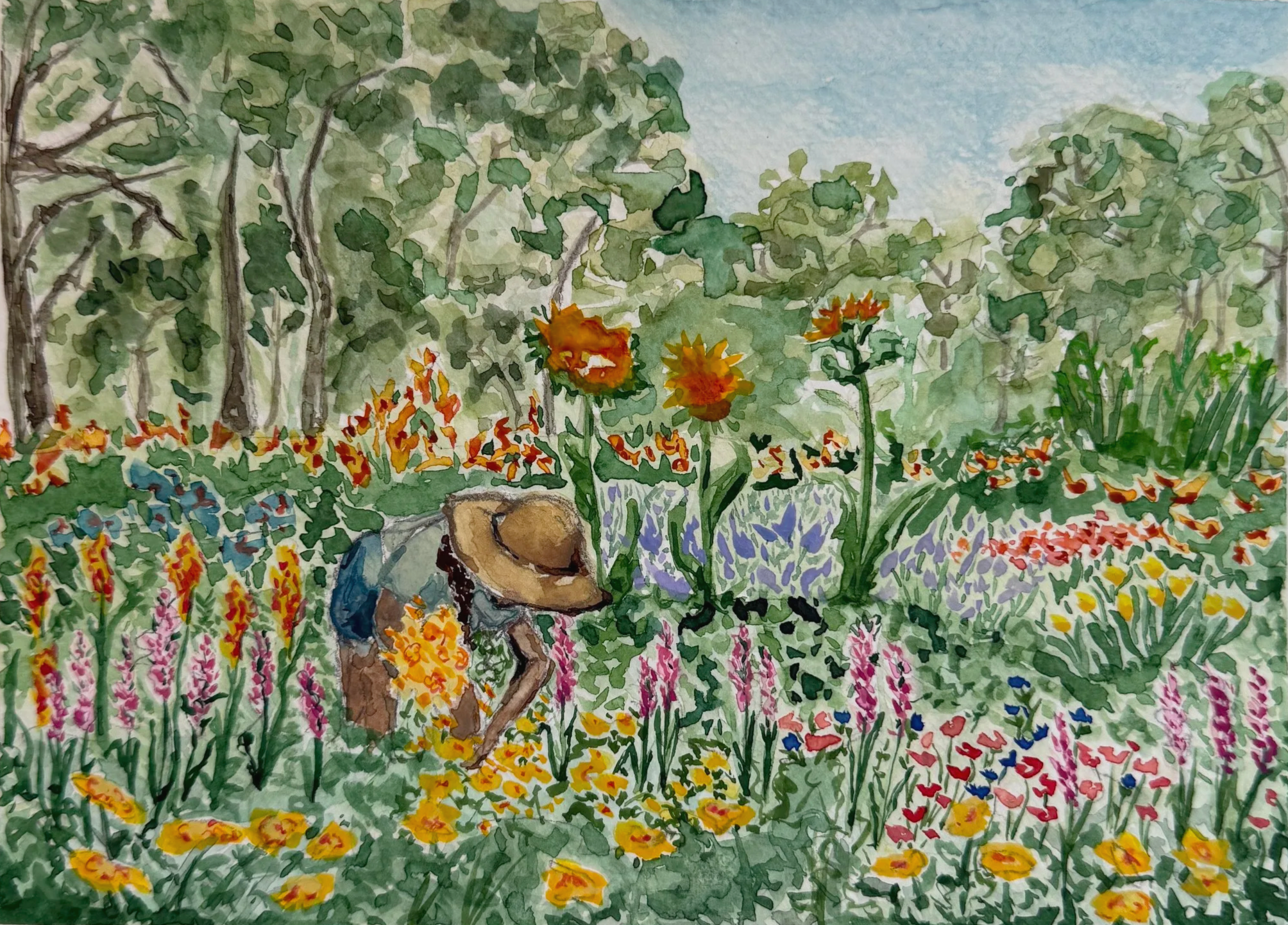 Original watercolor painting by Paxton Reed titled "Gathering Joy". The painting is a colorful portrayal of a woman stopping to gather blooms in her abundant garden.