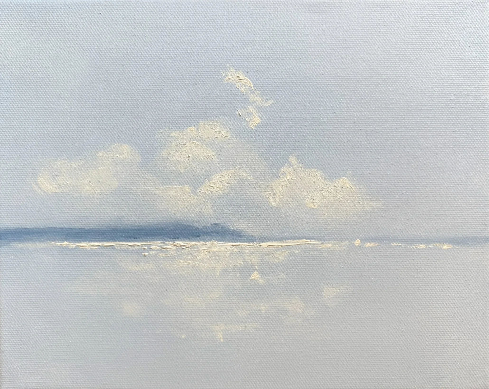 An original oil painting by Paxton Reed titled "Still Waters", showing a calm sea reflecting clouds in a blue sky.
