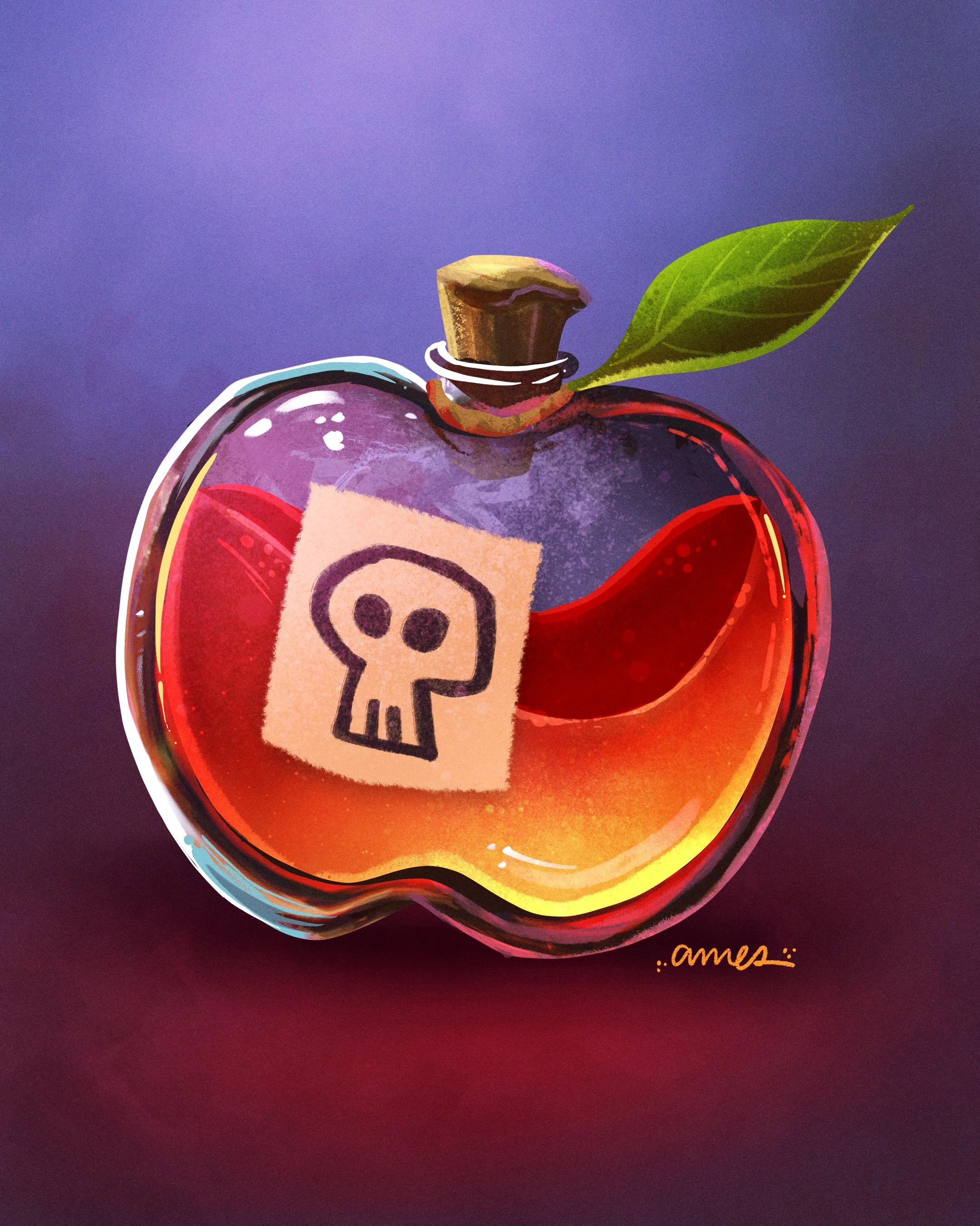 Close-up of a colorful, artistic illustration of a red apple with a sticker containing a skull icon, a green leaf, and a wooden stem on a purple background with a signature reading 'ames' in orange for Ames Illustrations