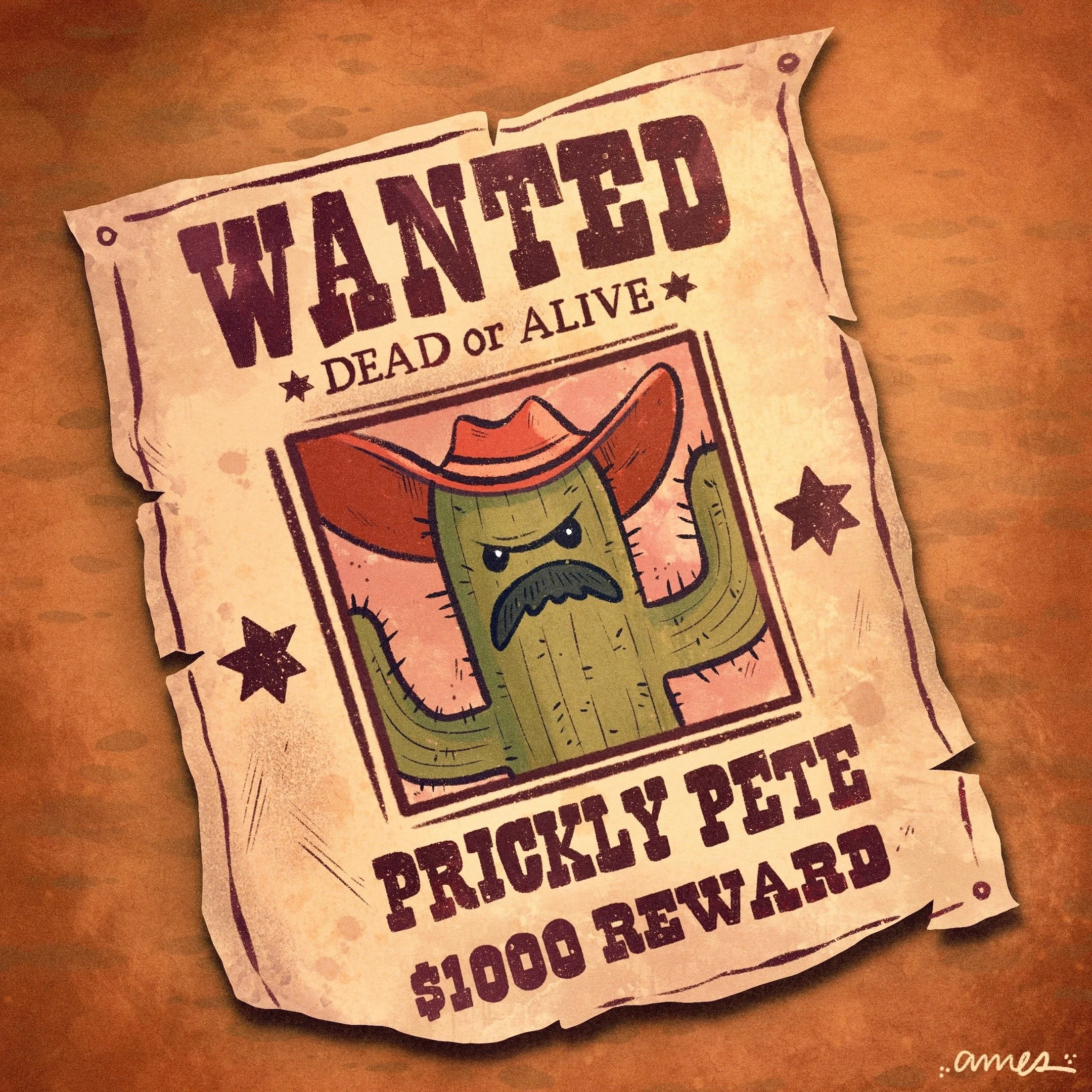 A crumpled, printed paper ticket with bold, dark purple text on a light background, some stars, and other design elements, placed on a wooden surface. A wanted sign for Prickly Pete a cartoon cactus bandit