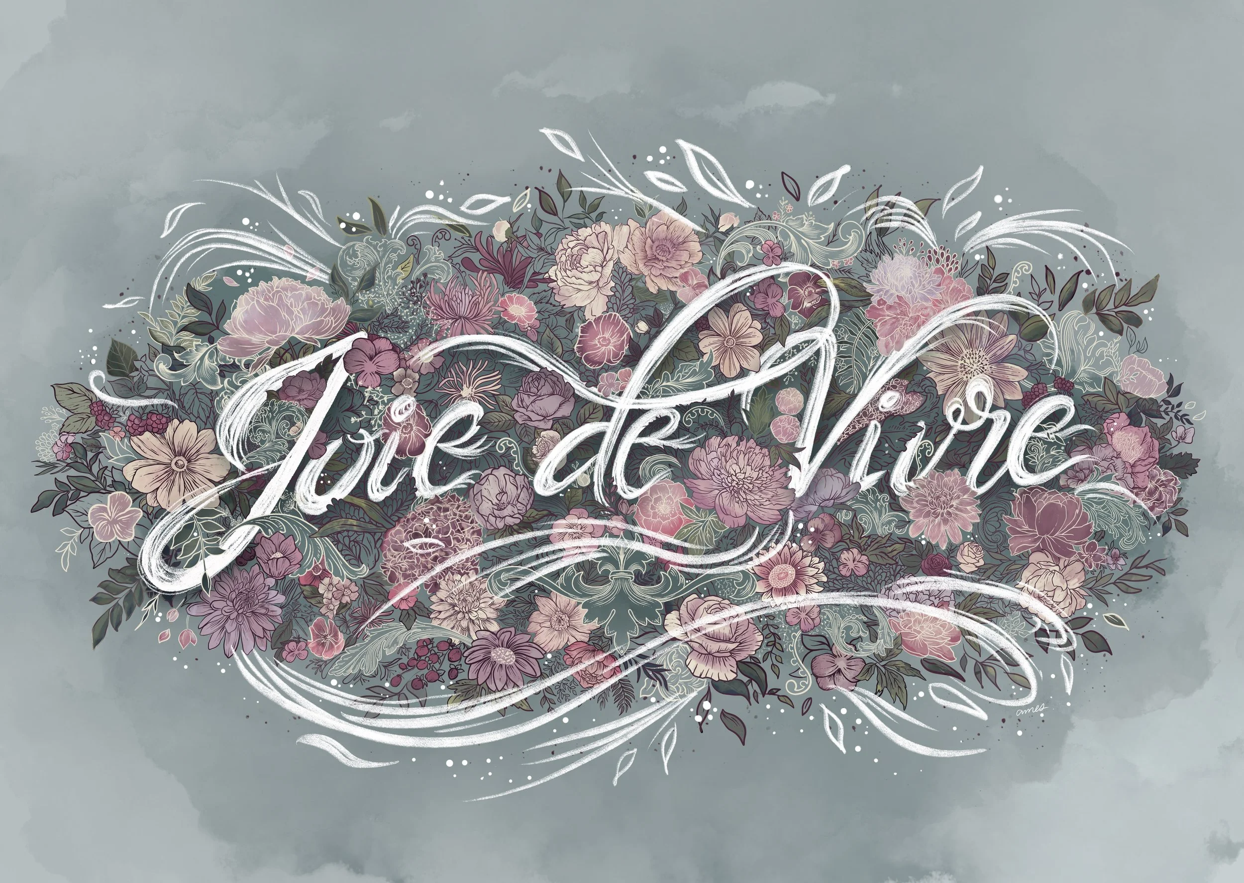 A decorative floral design with pink, purple, and beige flowers, green leaves, and white swirling lines on a muted gray background. Joie de Vivre
