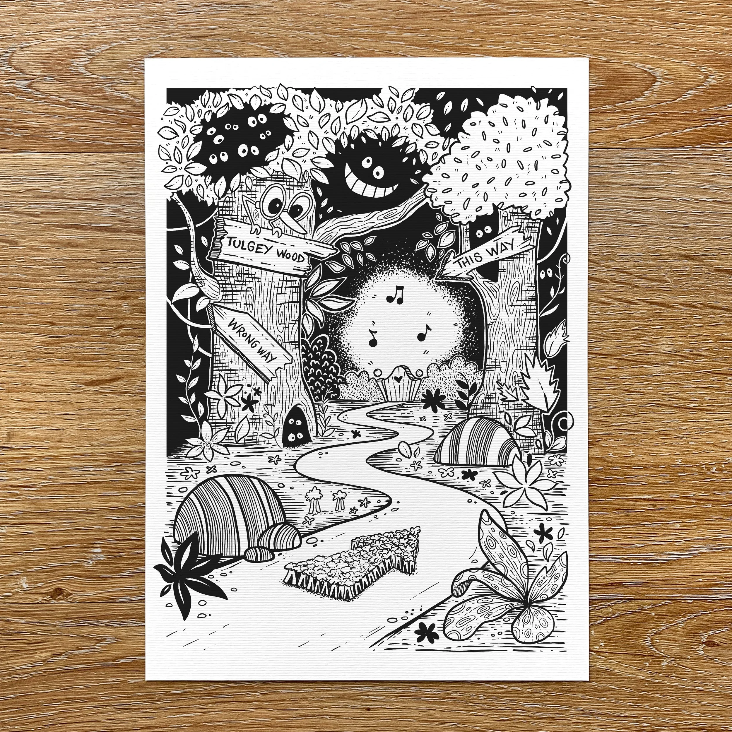 Black and white coloring page featuring a cheerful tree with a smiling face, surrounded by flowers, leaves, a mushroom, and a sign pointing to Tulgey Wood and indicating the way a scene from Alice in Wonderland