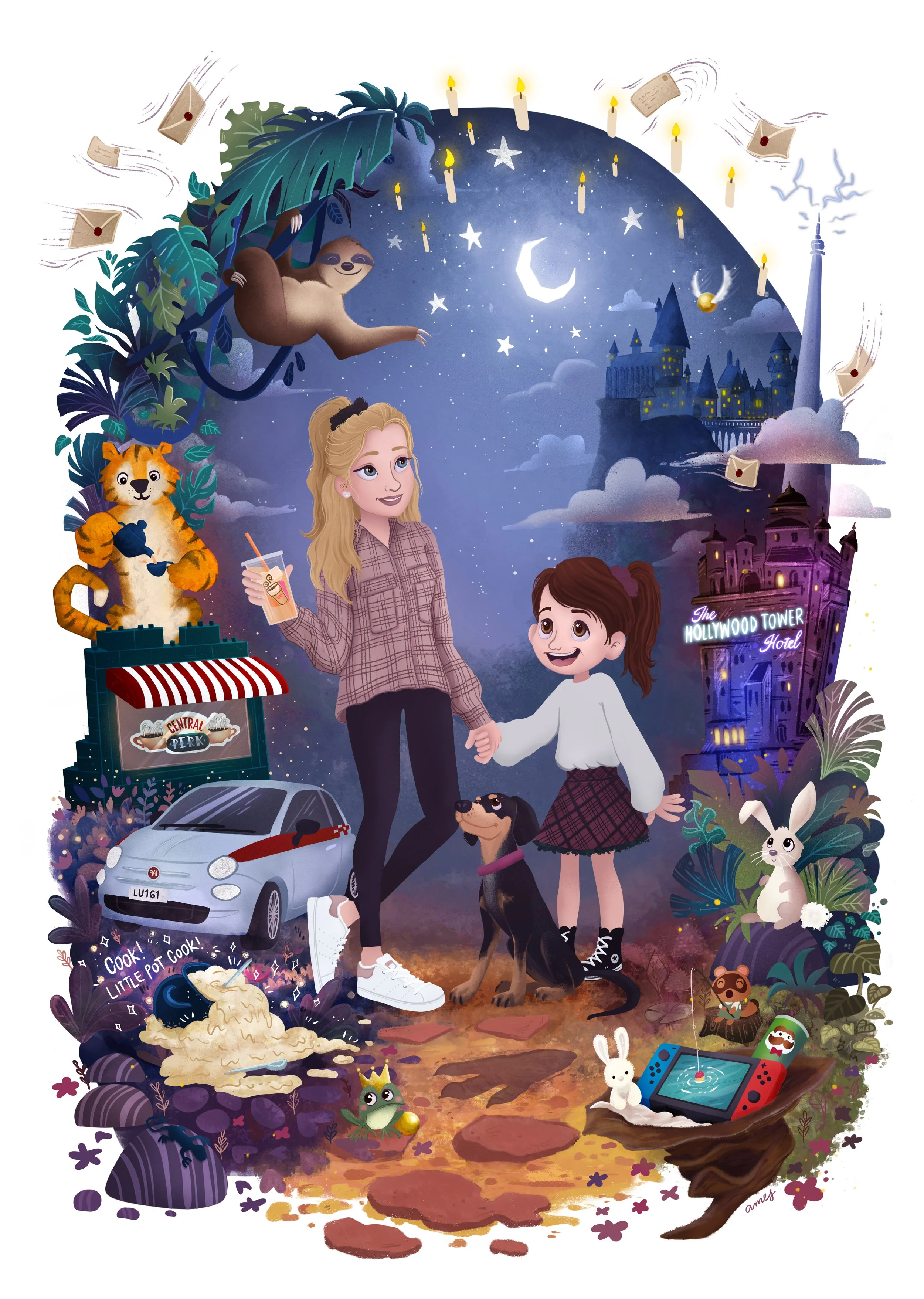 An animated scene featuring two young girls, one blonde and one with brown hair, holding hands in a whimsical outdoor setting at night. The background shows a dark blue starry sky with a crescent moon and a distant castle. Surrounding the scene are p