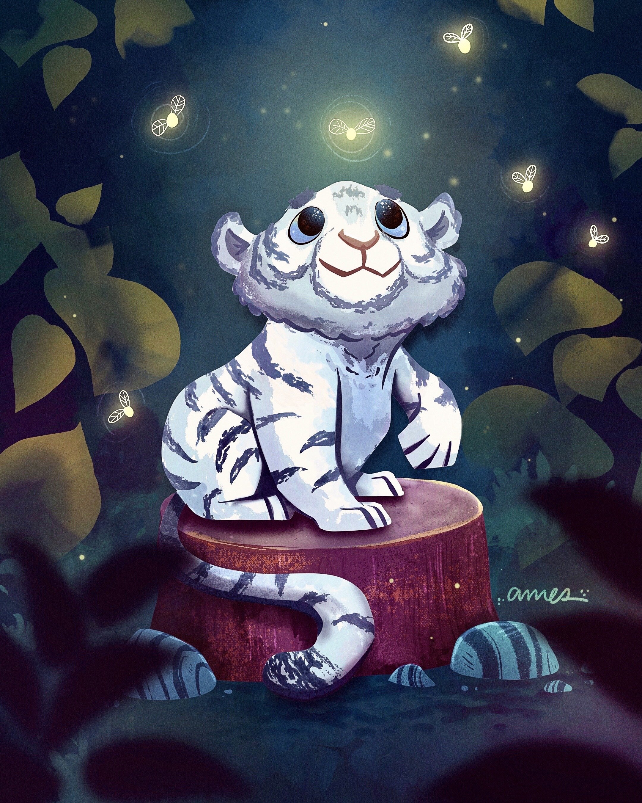 Digital illustration of a white tiger cub with large blue eyes, sitting on a tree stump in a magical night forest surrounded by glowing fireflies and abstract foliage, with signature '..ames' in the bottom right corner.