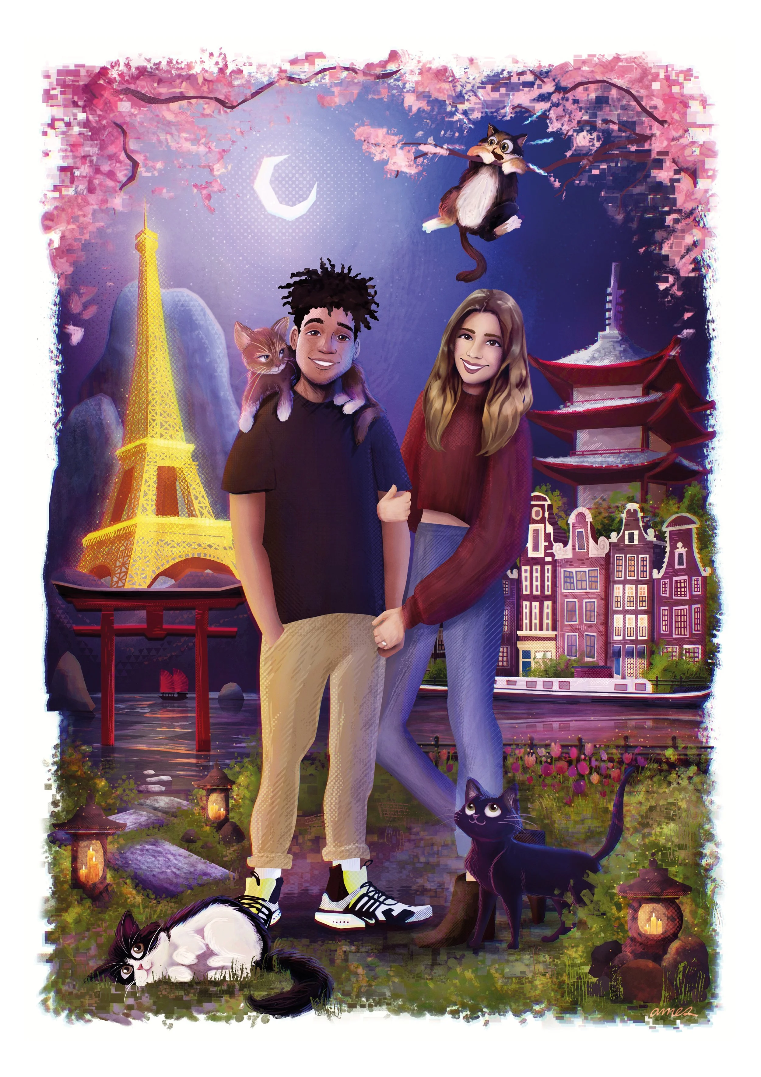 A digital painting of two people, a man and a woman, in front of cityscape with the Eiffel Tower, cherry blossoms, and a pagoda. The scene includes cats, a moon, lanterns, and a blue sky.