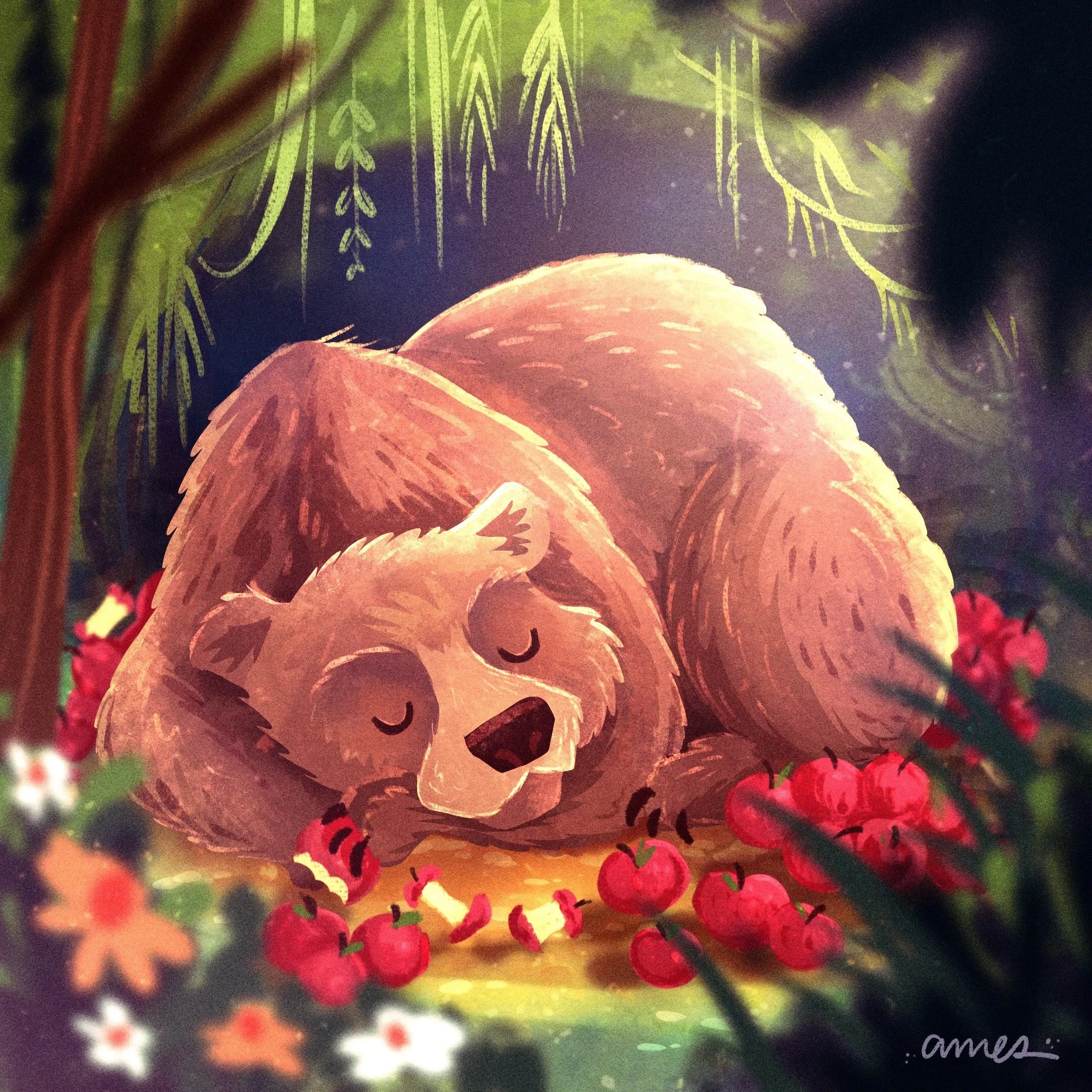 Illustration of a bear with closed eyes, surrounded by botanical elements and red berries.