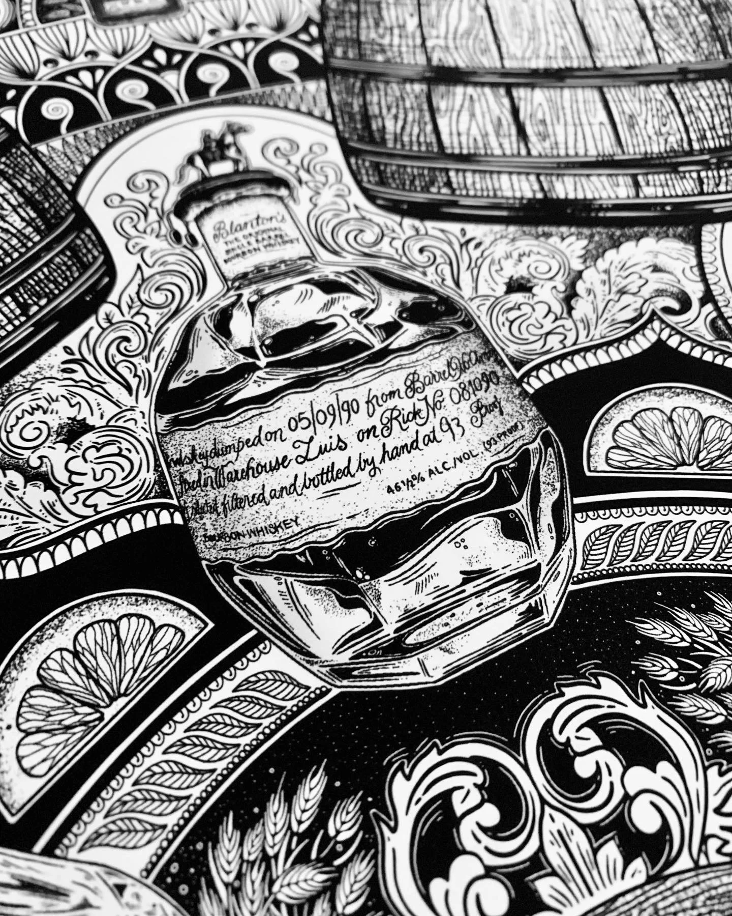 A black and white illustration of a liquor bottle labeled 'Blanton's', with detailed ornate designs around it, including mail and lemon slices, and elements resembling bars or railings.