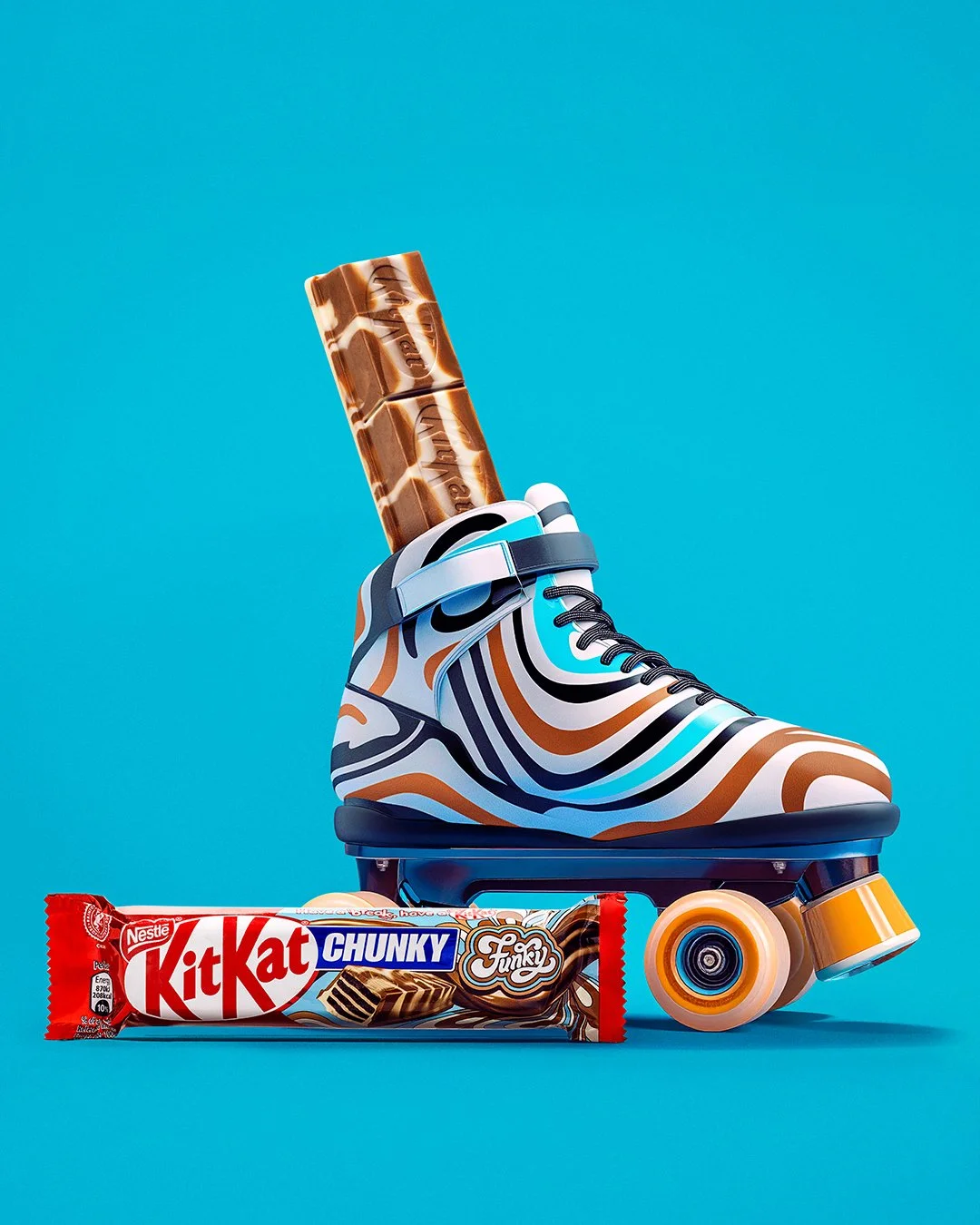 A colorful roller skate with a zebra stripe pattern and a brown chocolate bar inside it, placed against a blue background, with a Kit Kat Chunky Funky chocolate bar and a skateboard wheel in front.