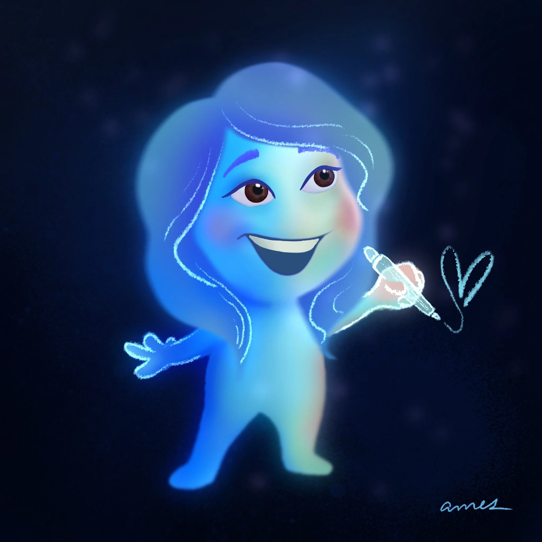 A digitally illustration of Amy inspired from the Pixar movie Soul of a smiling girl with brown eyes and long hair, glowing with a blue hue against a dark background, with drawing as her passion, with a signature 'Ames' in the bottom right corner.