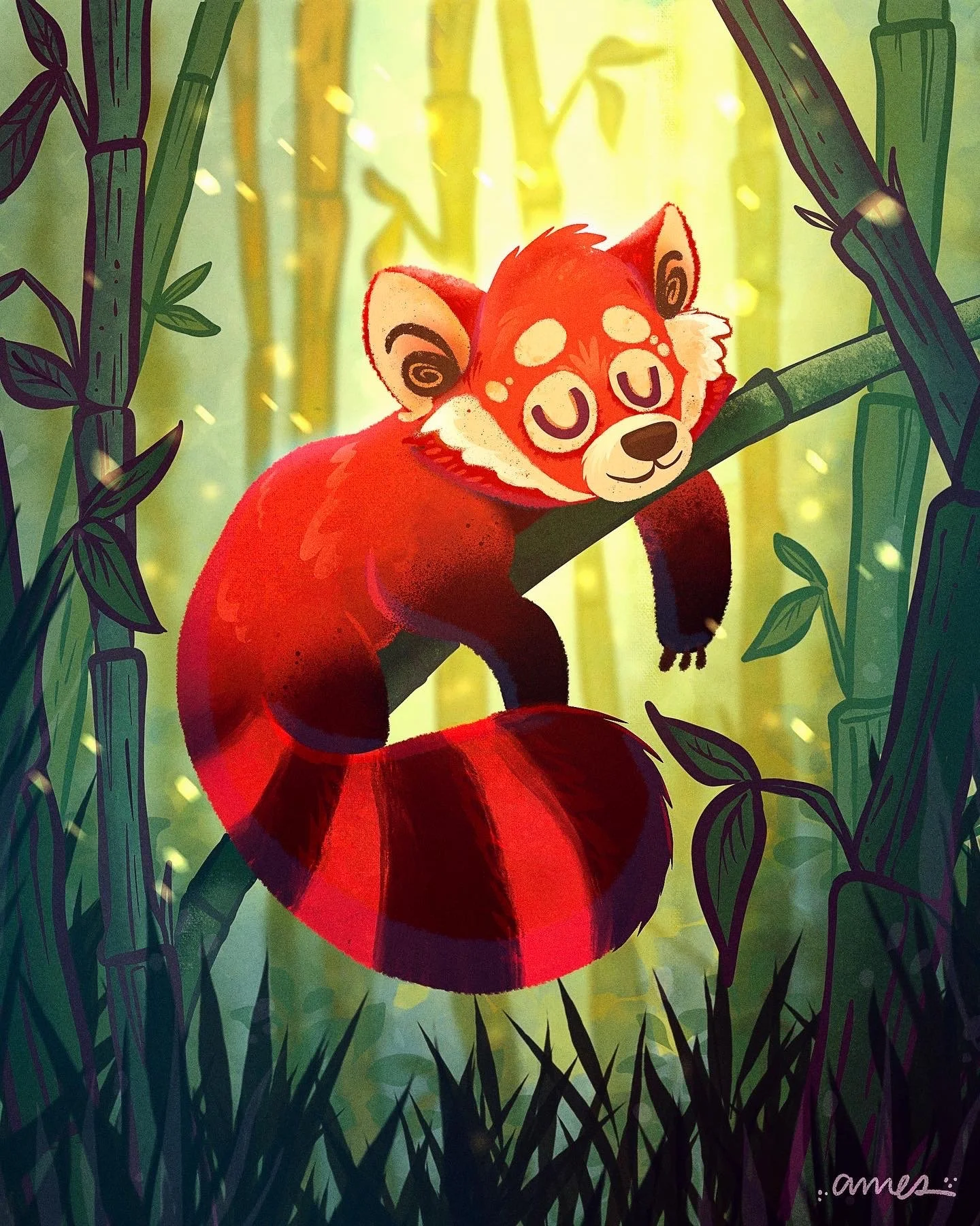 A cartoon-style illustration of a red panda sleeping, perched on a bamboo branch, in a lush bamboo forest background.
