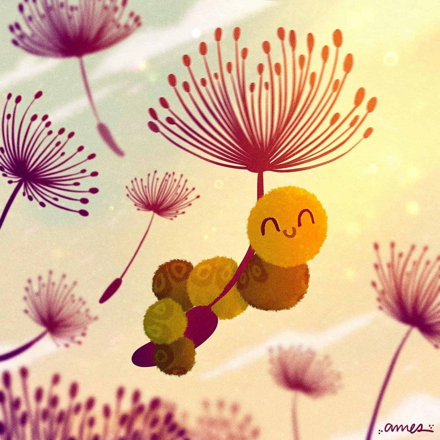 Abstract illustration of dandelions with pink and orange seed heads, some with smiling emoticons, on a soft pastel background.Of a caterpillar flying in the wind riding a dandelion seed.