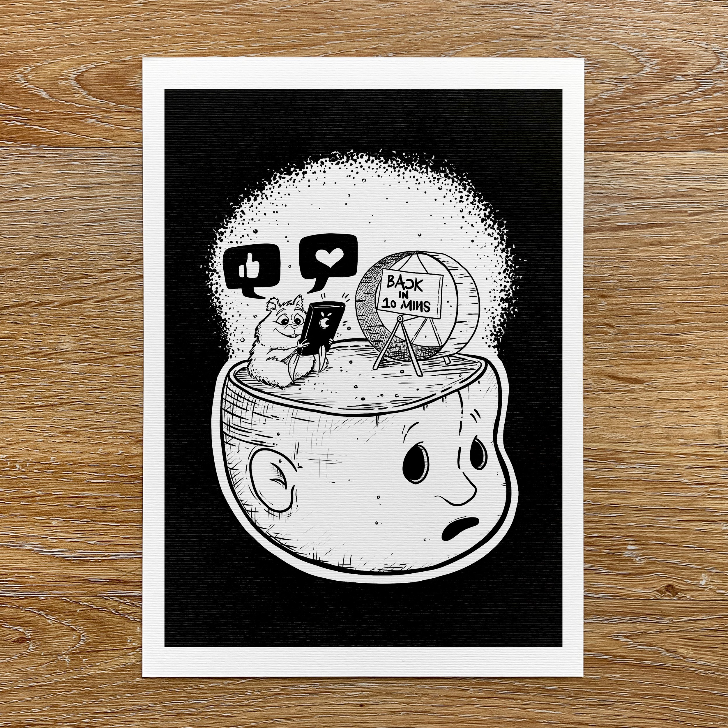 Black and white illustration of a hamster in a cartoons mind taking a break from their wheel to check their social media