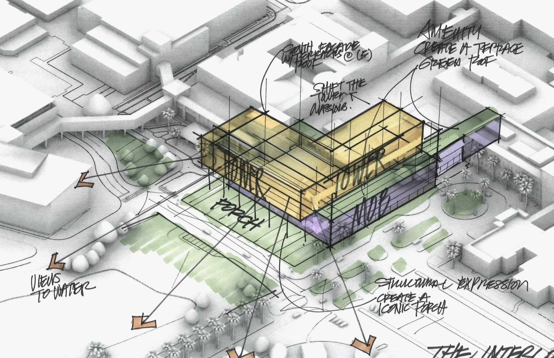 Architectural design plan for a community space, including a tower, green roof, and landscaped courtyard with annotations and sketches.