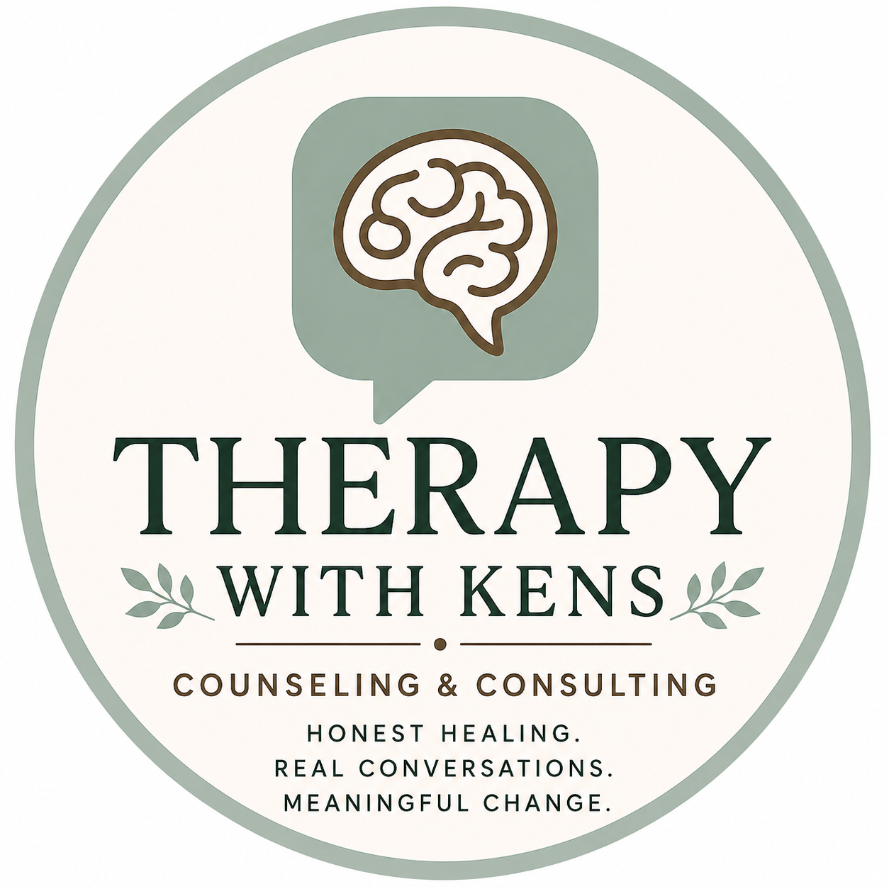 Logo for Therapy with Kens, featuring a brain inside a speech bubble, with text about counseling, honest healing, real conversations, and meaningful change.