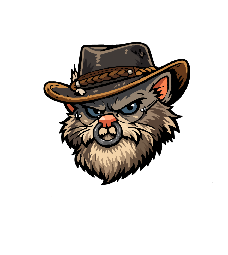 Illustration of a fierce-looking cat with glasses, a brown nose ring, and a brown cowboy hat with a decorative band, against a black background.