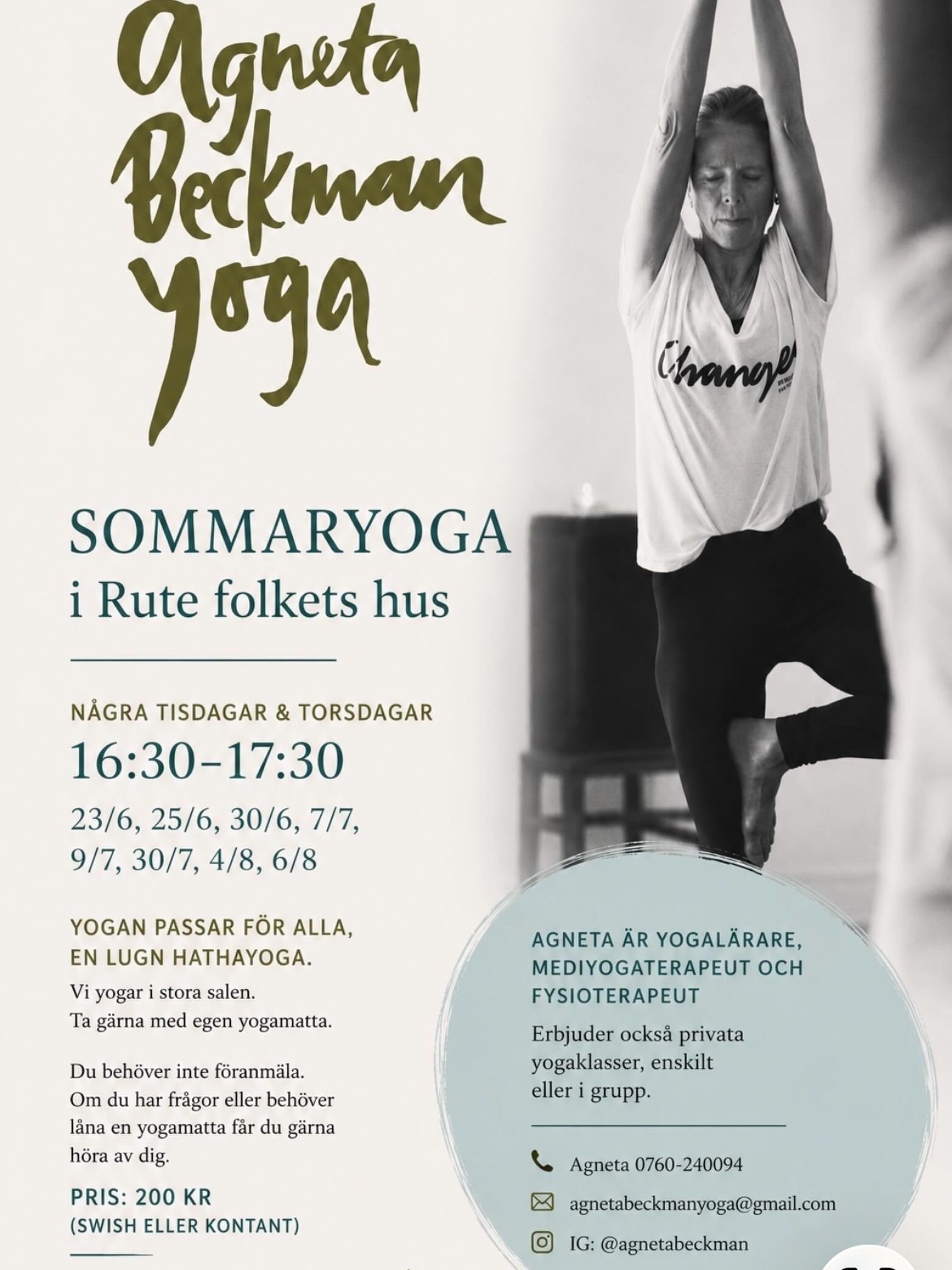 Imorgon startar SOMMARYOGA med mig i Rute folkets hus. 

Tisdag &amp; torsdag 16:30-17:30. 

Mer info i bilden h&auml;r.

Varmt v&auml;lkommen 🧘🏼
Agneta 

#agnetabeckmanyoga
