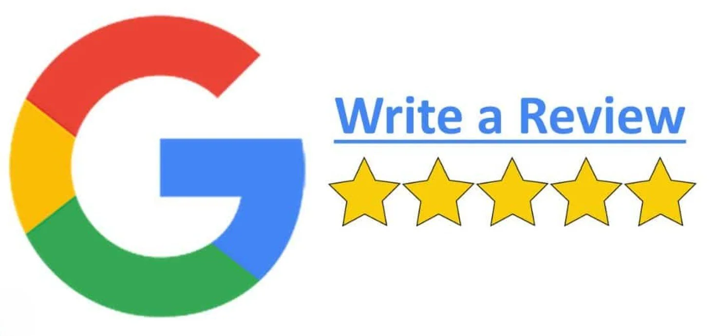 Google logo with the text 'Write a Review' and a five-star rating.