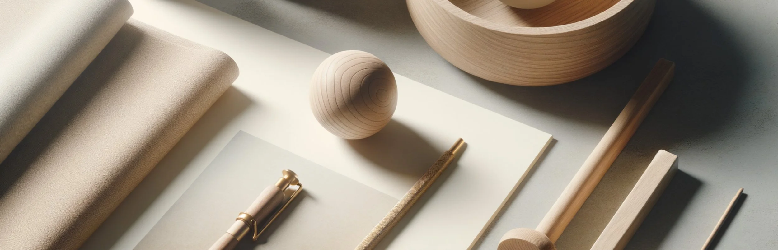 Assorted neutral-colored fabric, wooden objects, and stationery on a light surface with soft shadows.