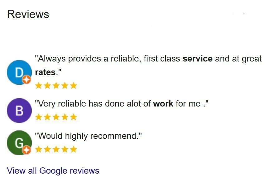 Screenshot of Google reviews with three categories labeled D, B, and G, each with star ratings and positive comments.
