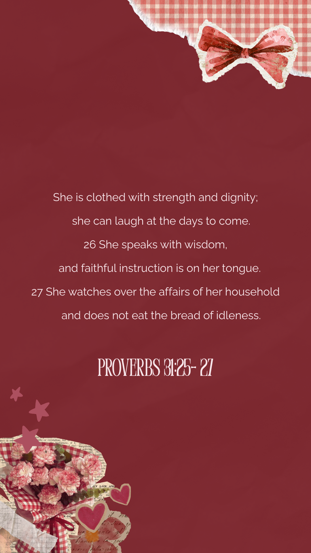Mother's Day social media post with a gingham-patterned top corner, and a decorative heart with a bow at the top. Displayed is a Proverbs verse about strength, dignity, and wisdom, with pink hearts and a bouquet of pink flowers at the bottom.