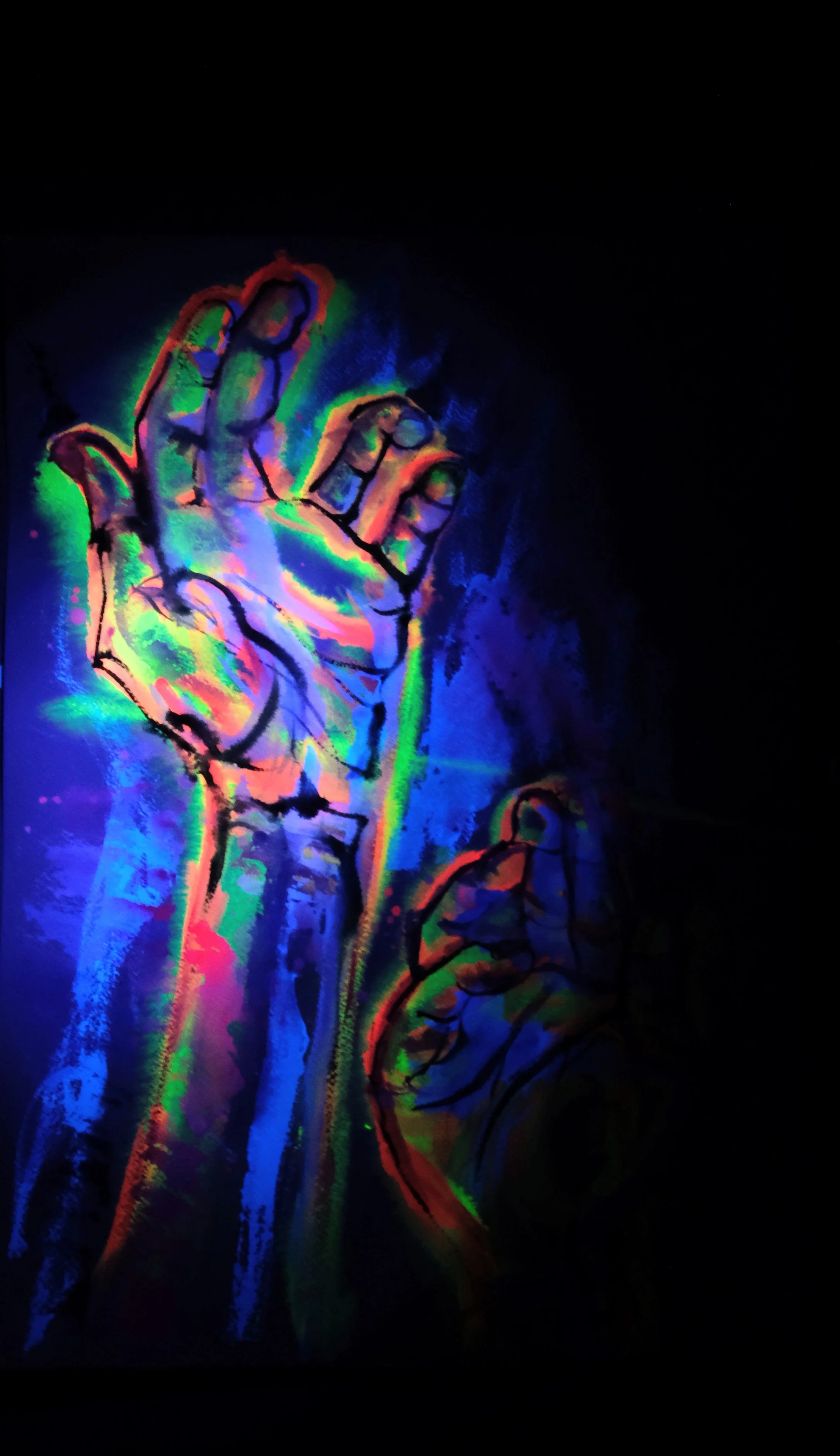 "Dancer's Hands" (Shot under UV), Watercolour, 2025
