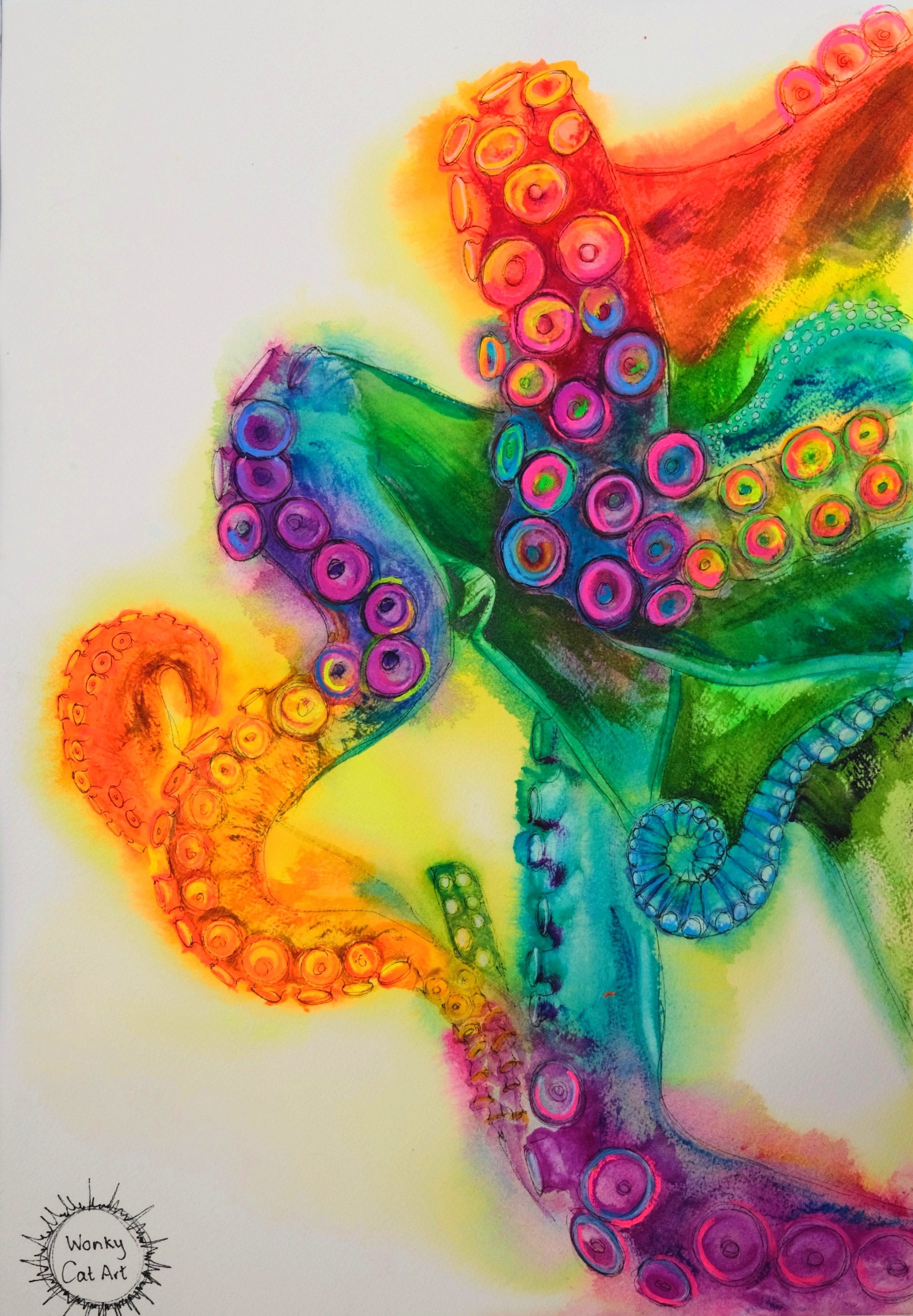 "Cephalopod 1", UV Watercolour and ink, 2026, A3. 
An example of the benefits of luminous ink that cannot be reproduced in digital, but could be included in a hybrid workflow. 