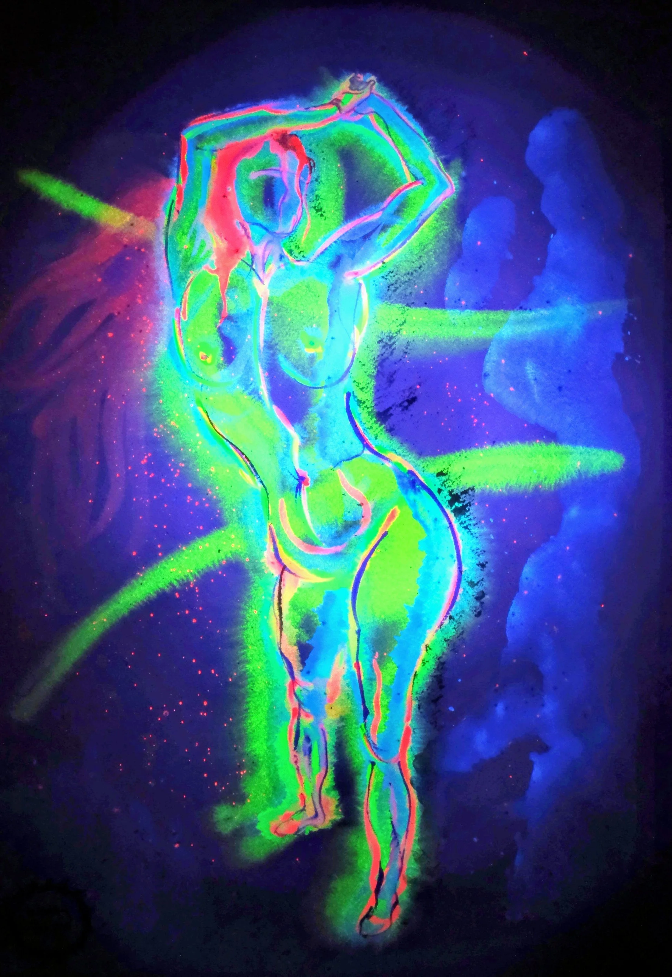 "Dancer with Purple Hair" (Shot under UV), Watercolour, 2025
