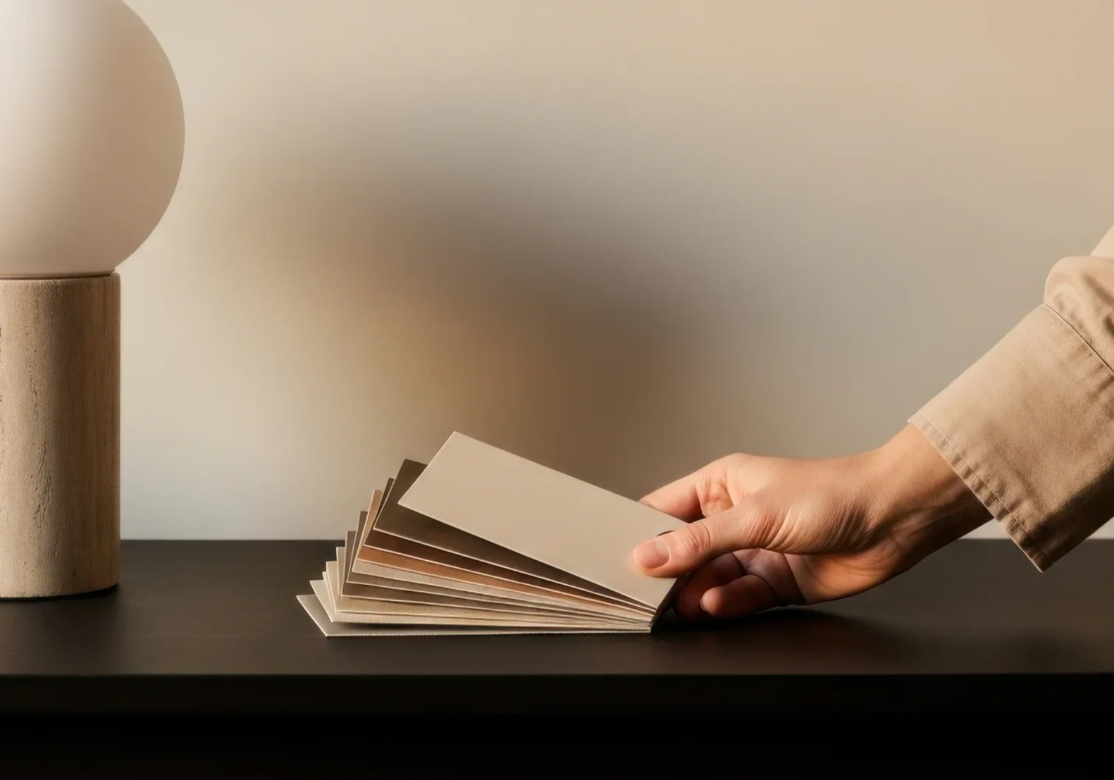 Person hält Farbpalette in den Händen, Hintergrund mit Tischlampe auf dunklem Tisch. Symbol für Auswahl und Angebote