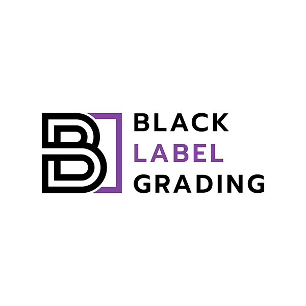 Logo for Black Label Grading featuring stylized black letter 'B' and purple text.