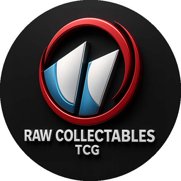 Logo for Raw Collectables TCG featuring a circular emblem with blue and white stylized shapes inside a red ring.