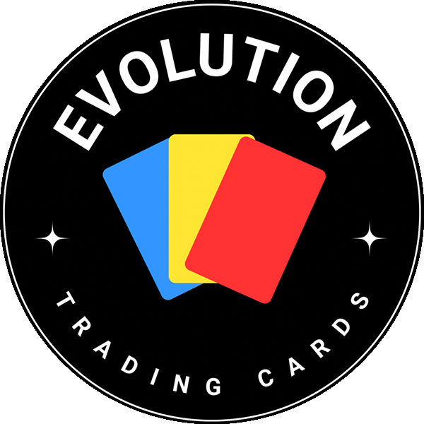 Logo with the word 'EVOlUTION' and three cards in blue, yellow, and red, with 'TRADING CARDS' written below.