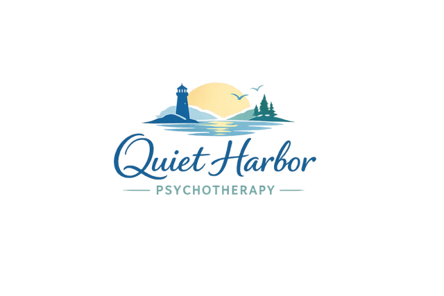 Logo for Quiet Harbor Psychotherapy featuring a lighthouse, a sun, and a bird over water with the text 'Quiet Harbor Psychotherapy'.