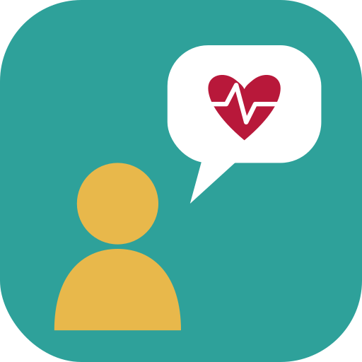 An illustration of a person with a speech bubble showing a heart with a line representing a heartbeat.