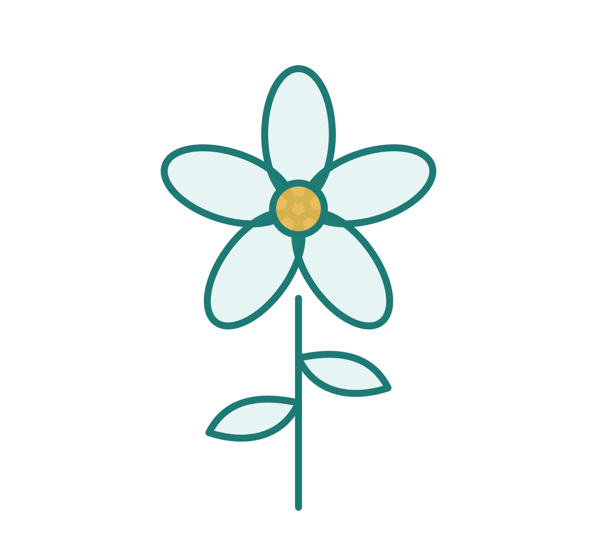 A digital illustration of a simple teal-colored flower with six petals, a yellow center, a straight stem, and two leaves.