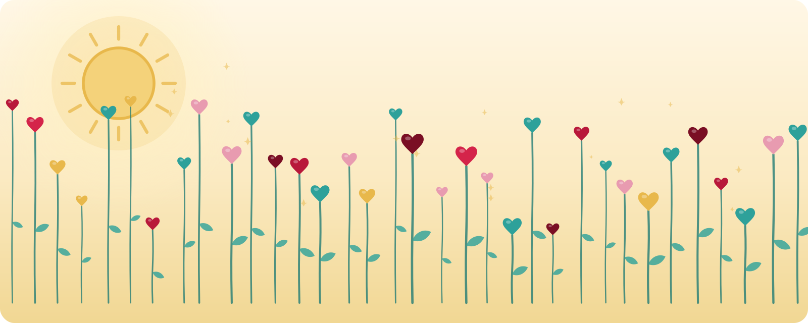 A garden of multi-color hearts with long stems and a golden background