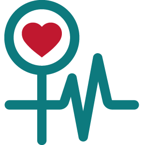 Teal women symbol as a stick figure with red heart in the middle of a circle and a pulse line through the body.