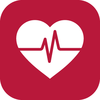Red square icon with white heart and a red electrocardiogram line inside