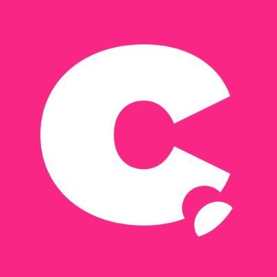 Large white letter C with a small broken piece at the bottom right, on a pink background.