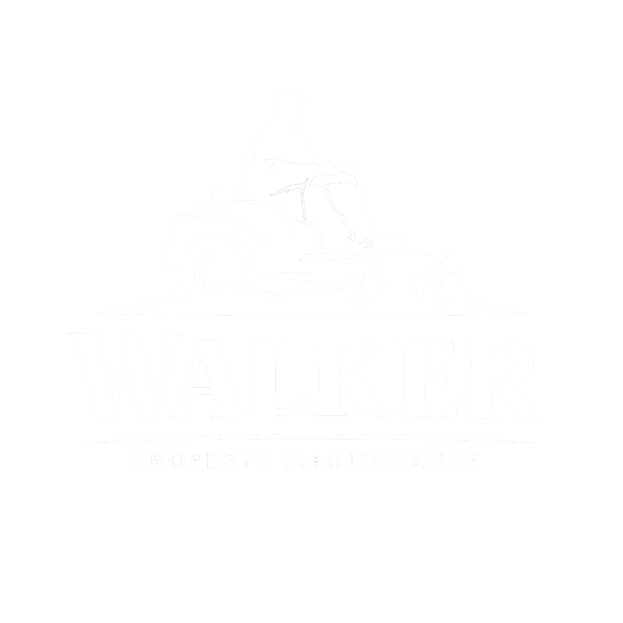 Black and white logo with a silhouette of a man riding a walk-behind lawn mower above the text "WALKER" and the smaller text "PROPERTY MAINTENANCE" below.